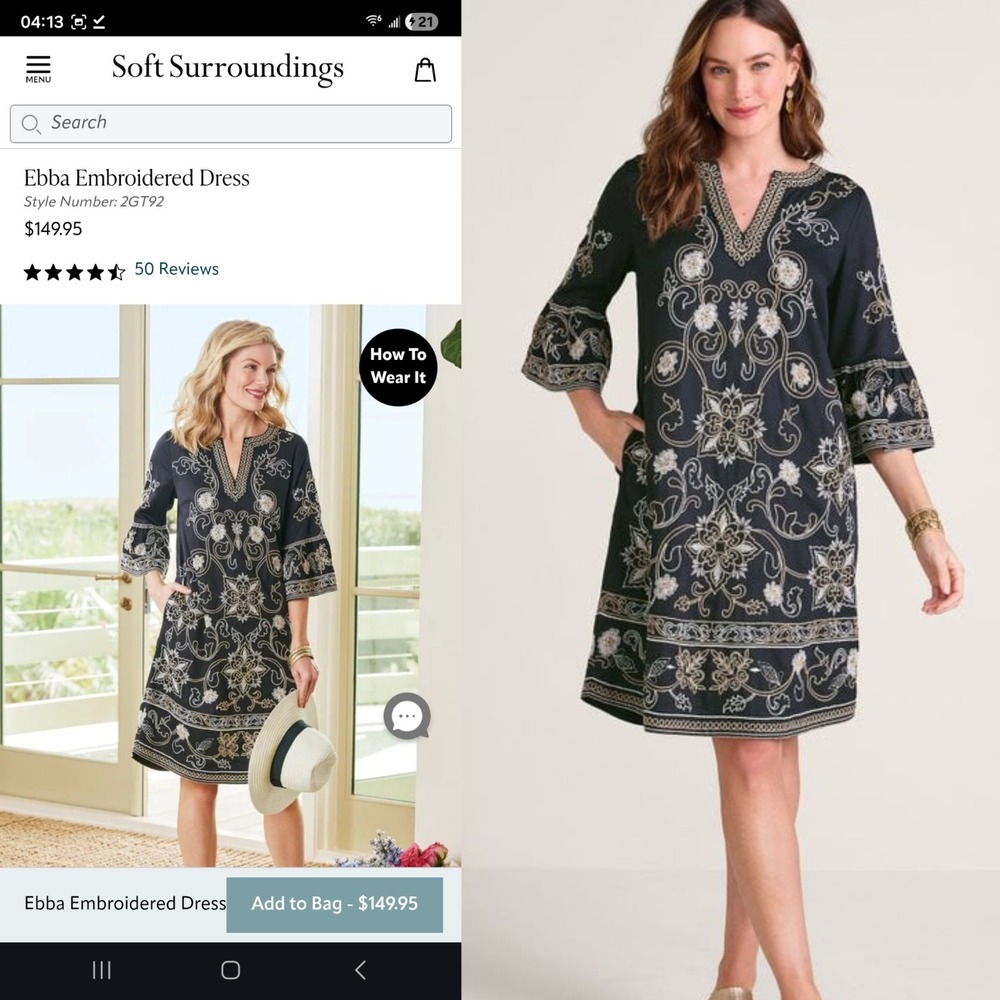 Soft Surroundings Dress 2X Hand Embroidered Tunic Bell Sleeves Boho MSRP $150 - Picture 8 of 12
